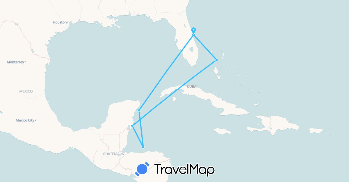 TravelMap itinerary: driving, boat in Bahamas, Honduras, Mexico, United States (North America)